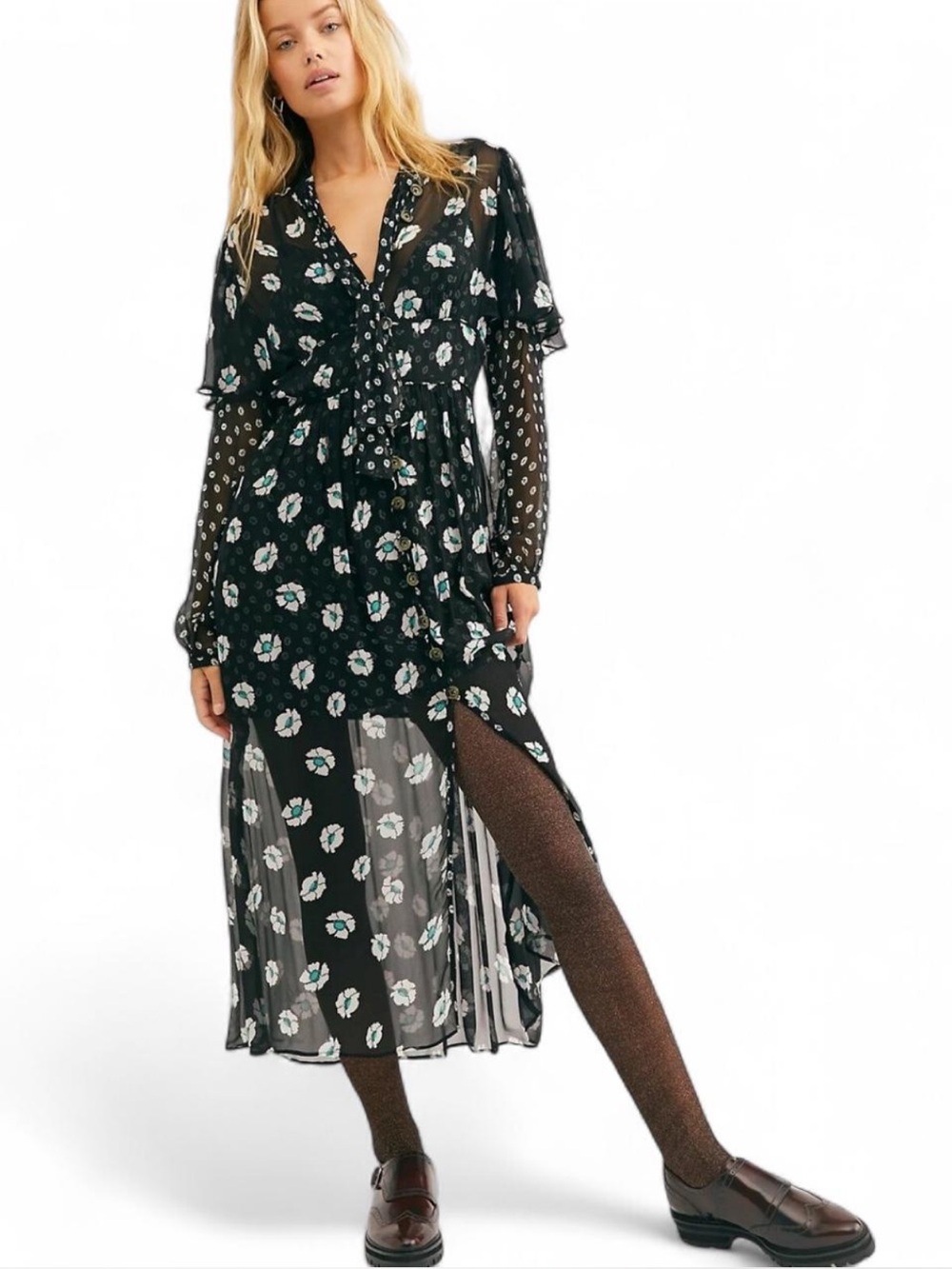 Free People Black Floral Sheer Midi Dress with Long Sleeves